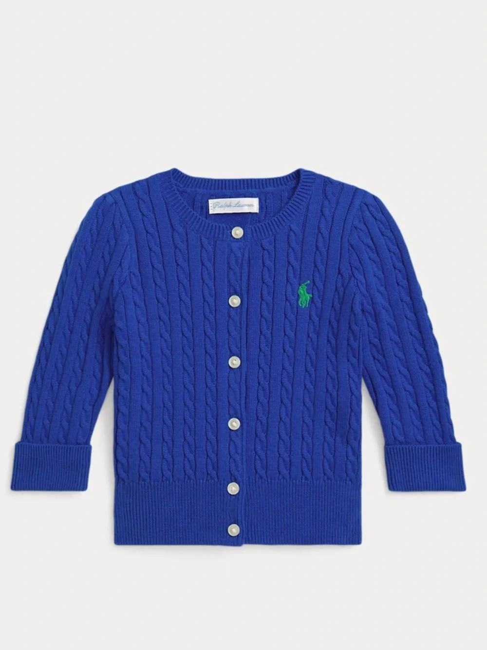 NWT Ralph Lauren Bright Blue Cable Knit Cardigan with Green Pony size 24M